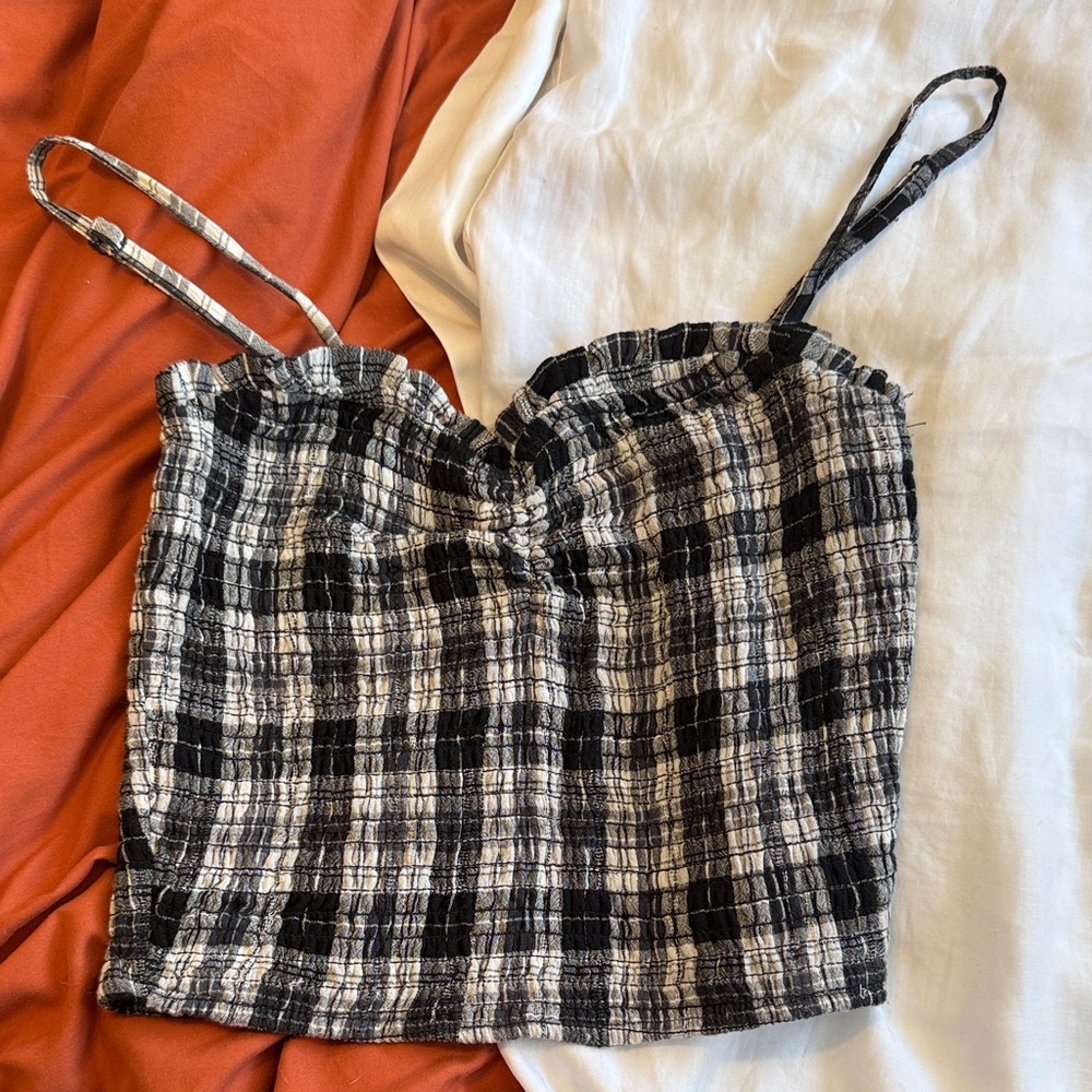 American Eagle Outfitters Black and White Plaid Smocked Cami